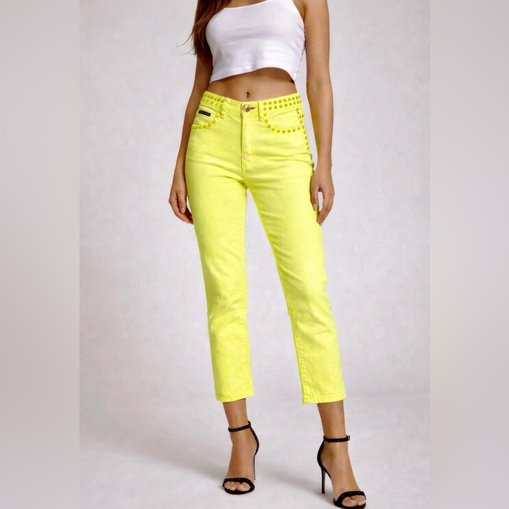 NWT Philipp Plein Couture Neon Yellow Embellished Capri Jeans – Size 25